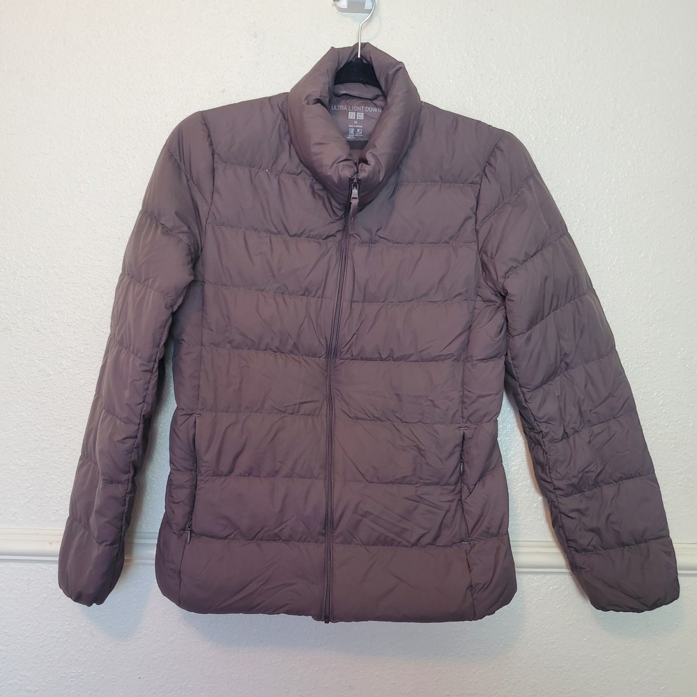 Uniqlo Ultra Light Down Puffer Jacket Womens XS Taupe Brown Full Zip Quilted